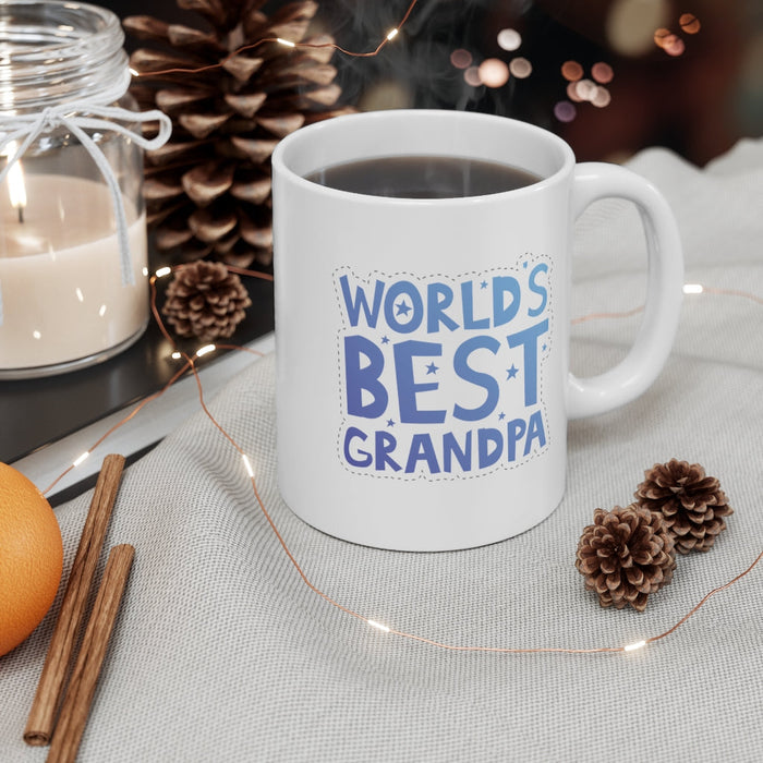 Best Grandfather in the World Mug: white, blue Grandpa, typographic graphic style