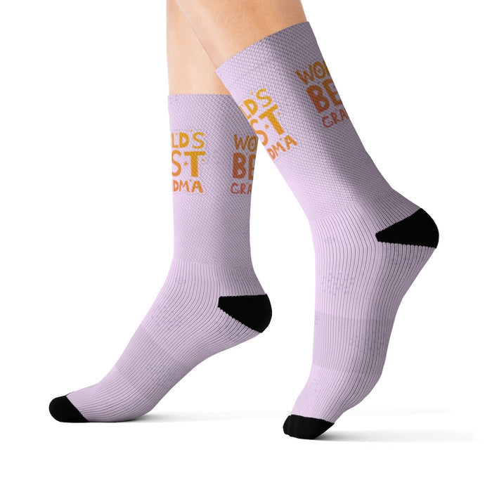 Best Grandma Novelty Socks Ever: light lavender, black "World's Best Grandma" text theme, playful graphic style