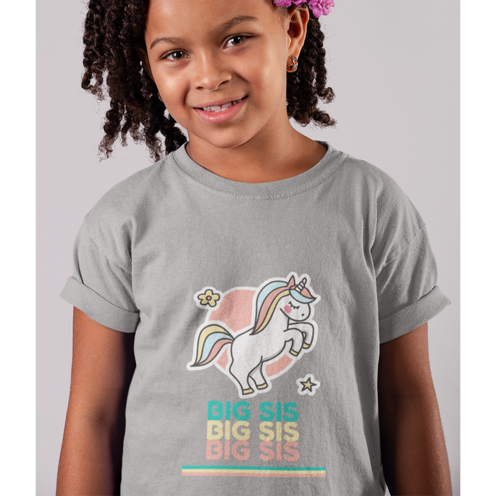 Big Sister T-Shirt for Children: white, teal unicorn, cartoon kawaii style