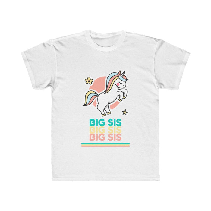 Big Sister T-Shirt for Children: white, teal unicorn, cartoon kawaii style