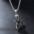 Bike Necklace with a Skeleton Design: silver, dark gray skeleton riding a motorcycle, gothic cartoon style