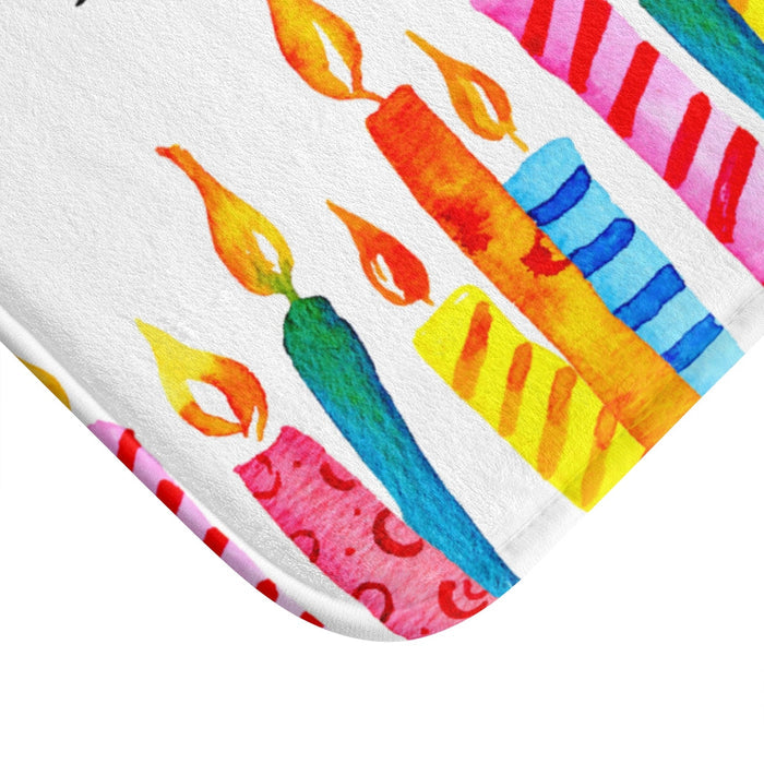 Birthday Celebration Candles Bathroom Mat Decor Rug: white, yellow birthday candles, colorful watercolor illustration style