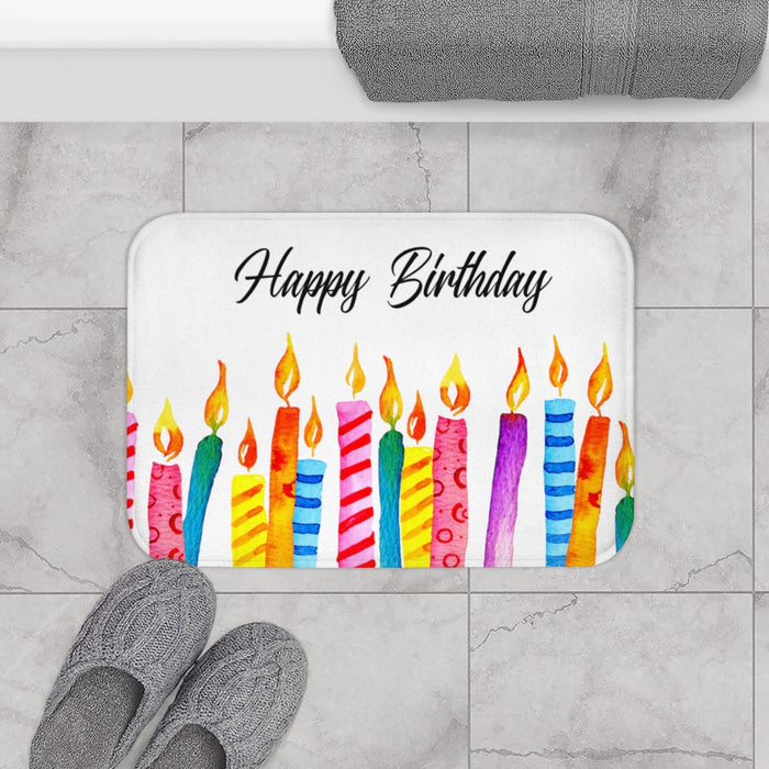 Birthday Celebration Candles Bathroom Mat Decor Rug: white, yellow birthday candles, colorful watercolor illustration style