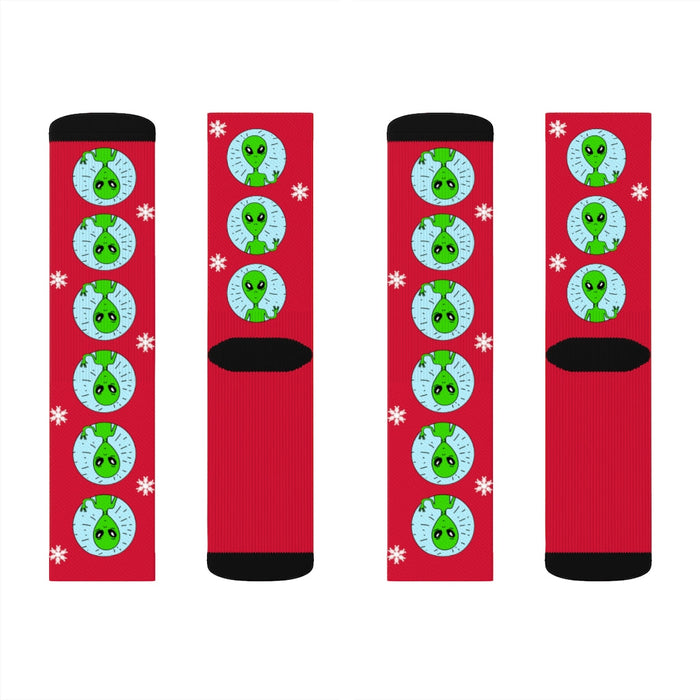 Bizarre Extraterrestrial Socks for Vacation: red, green green cartoon faces/characters with snowflakes