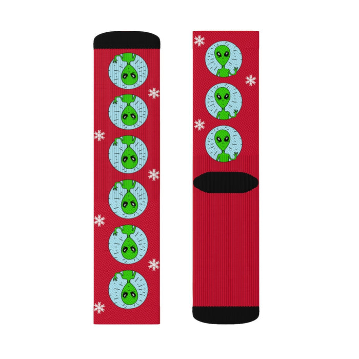 Bizarre Extraterrestrial Socks for Vacation: red, green green cartoon faces/characters with snowflakes