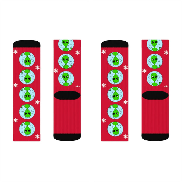 Bizarre Extraterrestrial Socks for Vacation: red, green green cartoon faces/characters with snowflakes