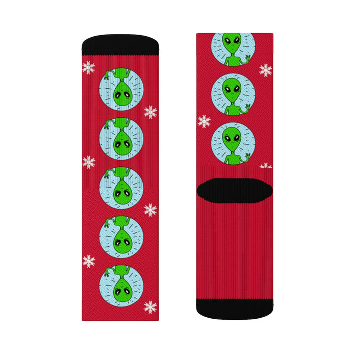 Bizarre Extraterrestrial Socks for Vacation: red, green green cartoon faces/characters with snowflakes