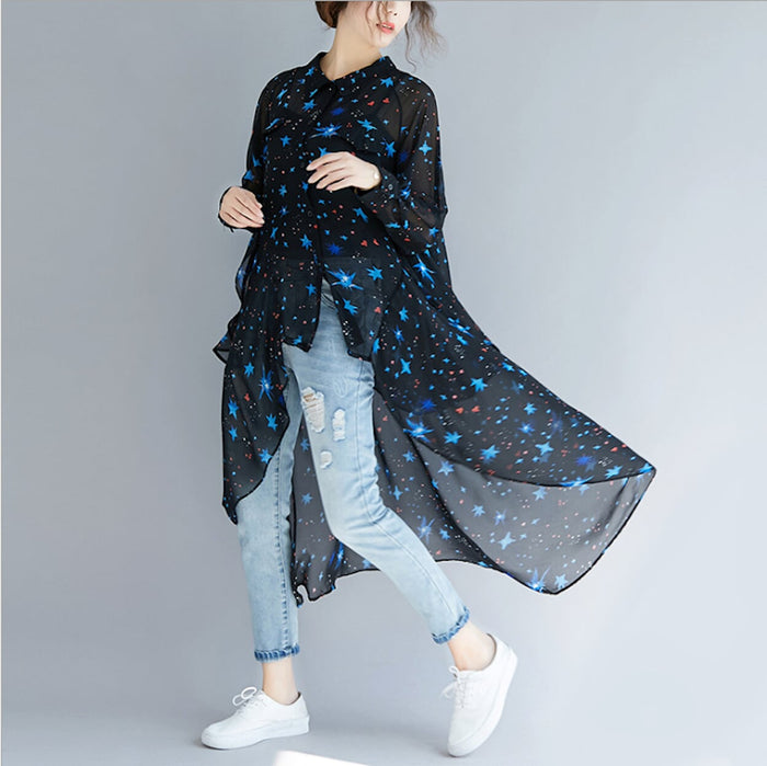 Black Asymmetrical Long Chiffon Top for Women: black, blue star print, celestial, casual style