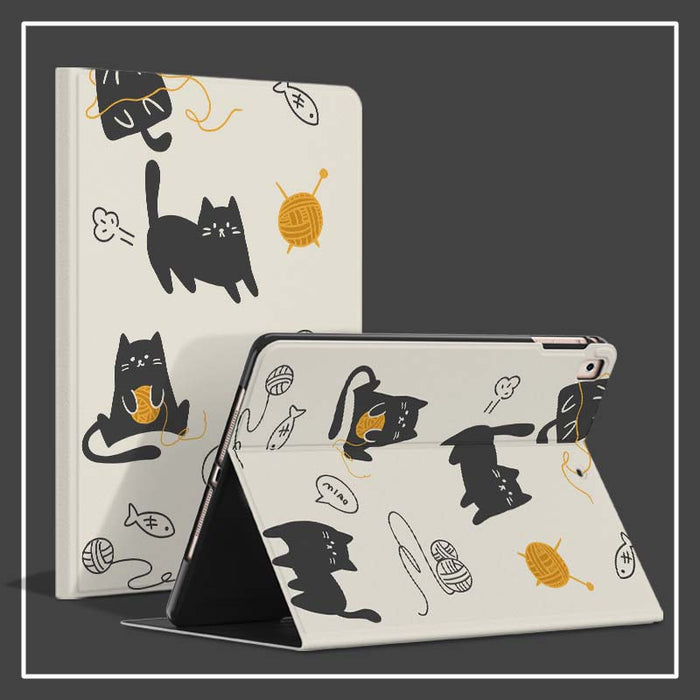 Black Cat iPad Pro Case with Pencil Holder: off-white, black black cats with yarn-ball theme, cartoon kawaii style