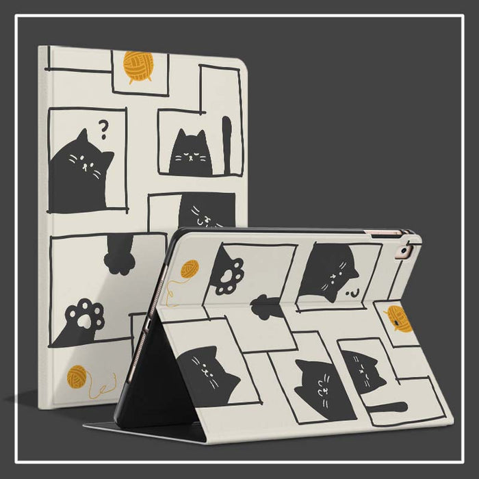 Black Cat iPad Pro Case with Pencil Holder: off-white, black black cats with yarn-ball theme, cartoon kawaii style