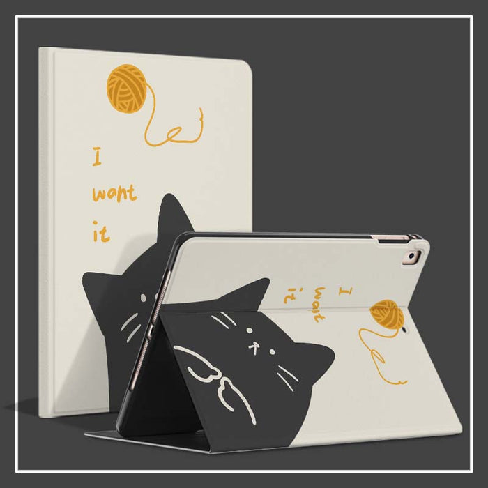 Black Cat iPad Pro Case with Pencil Holder: off-white, black black cats with yarn-ball theme, cartoon kawaii style