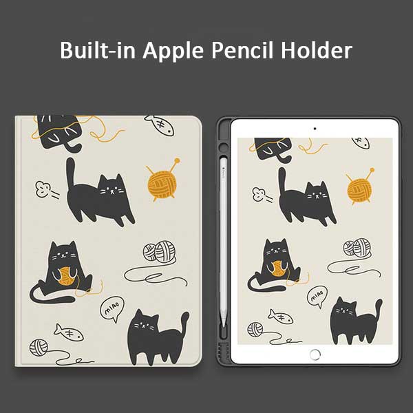Black Cat iPad Pro Case with Pencil Holder: off-white, black black cats with yarn-ball theme, cartoon kawaii style