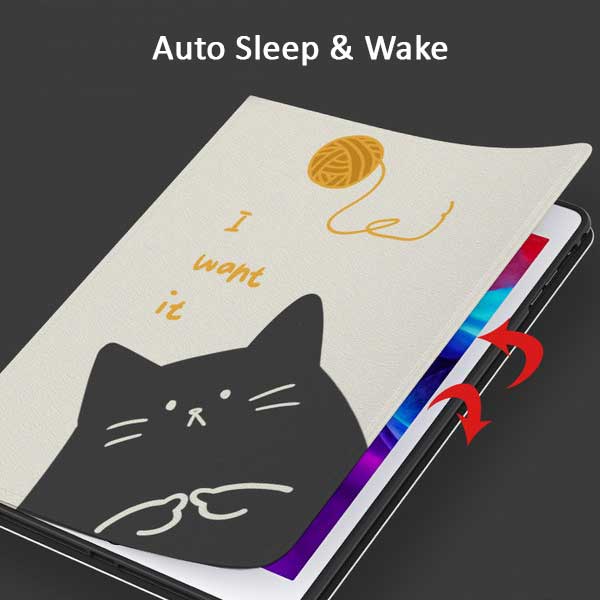 Black Cat iPad Pro Case with Pencil Holder: off-white, black black cats with yarn-ball theme, cartoon kawaii style