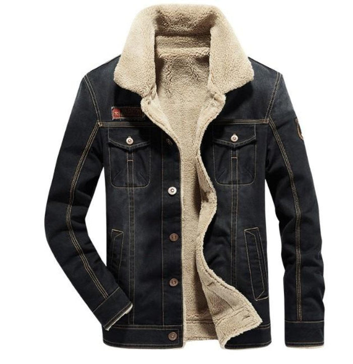 Black Denim Winter Jacket for Men: dark navy/black, beige jacket, casual rugged style