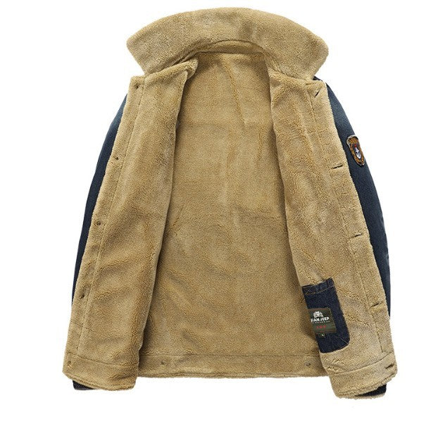 Black Denim Winter Jacket for Men: dark navy/black, beige jacket, casual rugged style