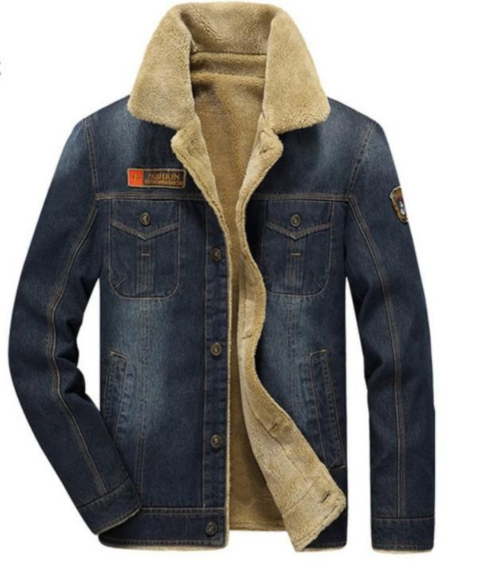 Black Denim Winter Jacket for Men: dark navy/black, beige jacket, casual rugged style