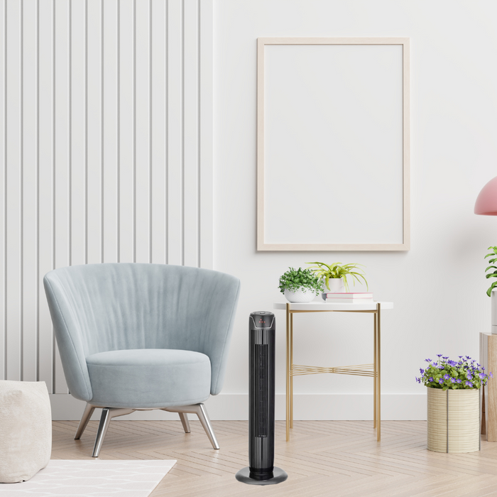 Black Desk and Tower Fan, 36" Portable: black, dark gray tower fan, minimal style