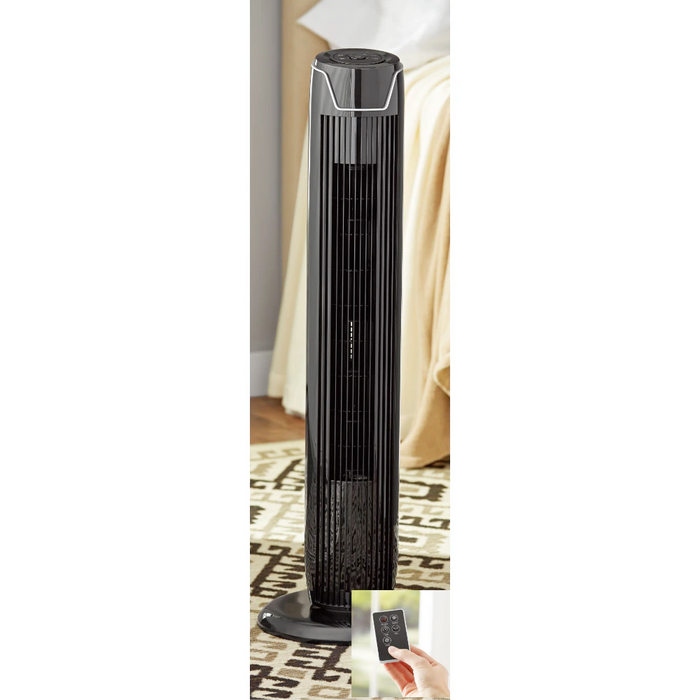 Black Desk and Tower Fan, 36" Portable: black, dark gray tower fan, minimal style