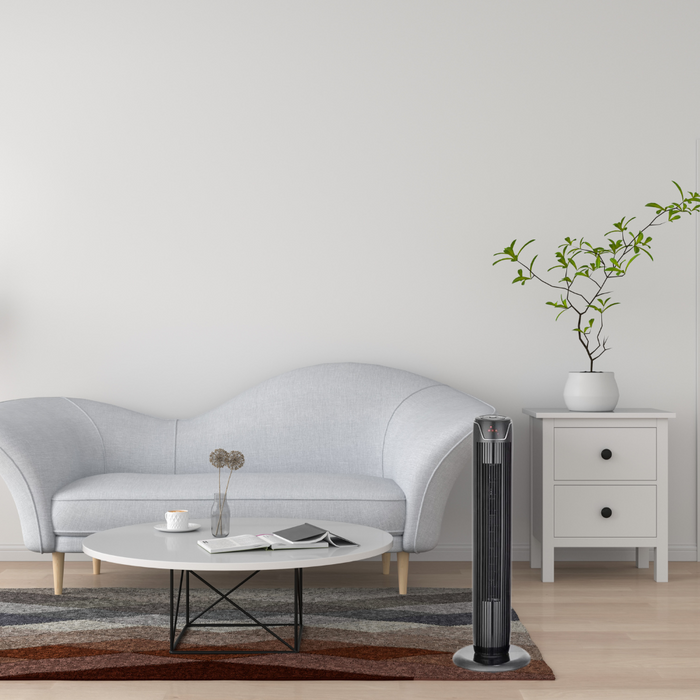 Black Desk and Tower Fan, 36" Portable: black, dark gray tower fan, minimal style