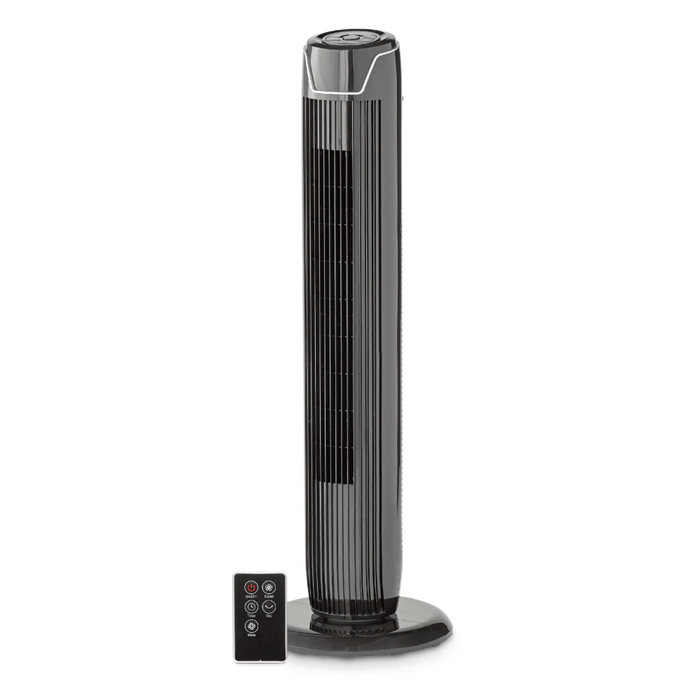 Black Desk and Tower Fan, 36" Portable: black, dark gray tower fan, minimal style