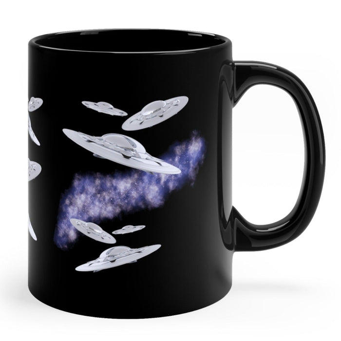 Black Flying Saucer Coffee Tea Mug: black, gray UFOs/flying saucers in space, cartoon sci-fi style