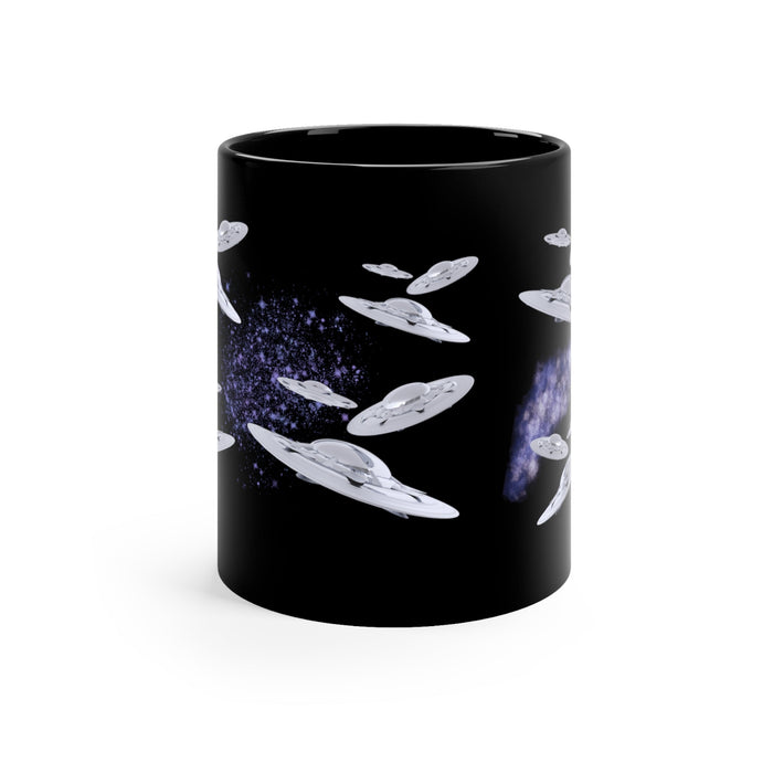 Black Flying Saucer Coffee Tea Mug: black, gray UFOs/flying saucers in space, cartoon sci-fi style