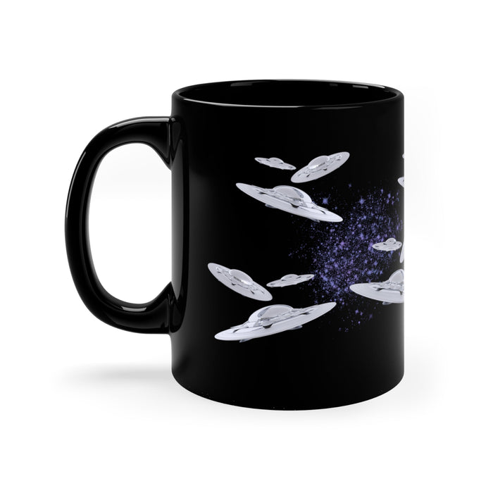 Black Flying Saucer Coffee Tea Mug: black, gray UFOs/flying saucers in space, cartoon sci-fi style