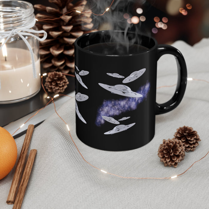 Black Flying Saucer Coffee Tea Mug: black, gray UFOs/flying saucers in space, cartoon sci-fi style