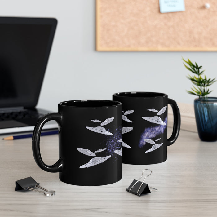 Black Flying Saucer Coffee Tea Mug: black, gray UFOs/flying saucers in space, cartoon sci-fi style
