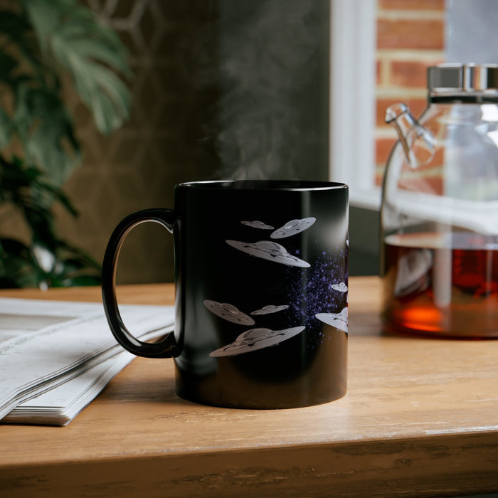 Black Flying Saucer Coffee Tea Mug: black, gray UFOs/flying saucers in space, cartoon sci-fi style