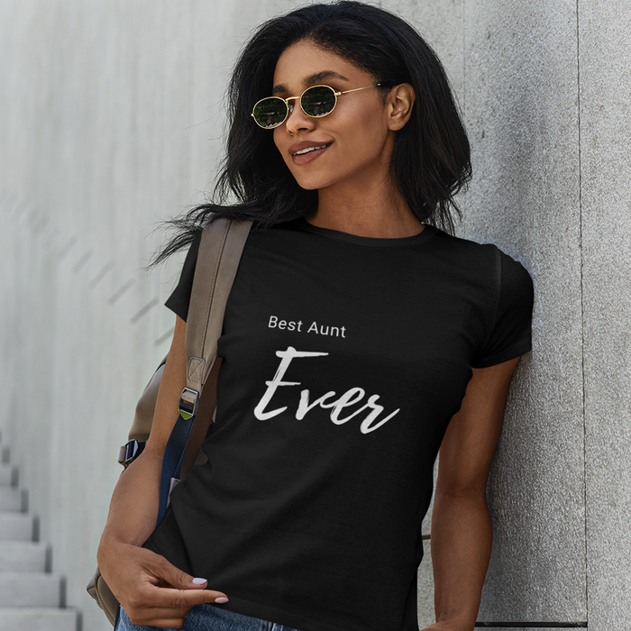 Black Logo T-Shirt for the Greatest Aunt: black, white "Best Aunt Ever" text, casual minimal typography style