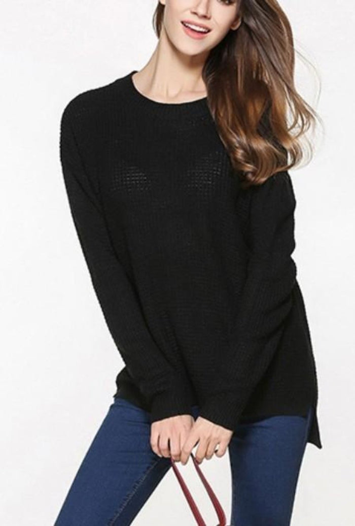 Black Round Neck Sweater for Women with a Relaxed Fit: black long-sleeve sweater, minimal casual style