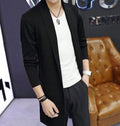 Black Shawl Collar Cardigan for Men with Mid Length: black open-front cardigan, minimal style
