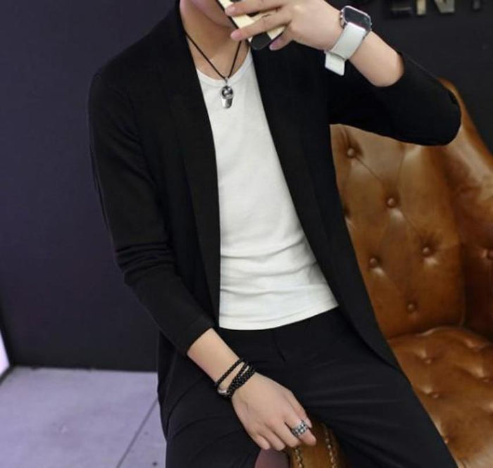 Black Shawl Collar Cardigan for Men with Mid Length: black open-front cardigan, minimal style