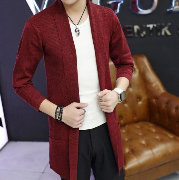 Black Shawl Collar Cardigan for Men with Mid Length: black open-front cardigan, minimal style