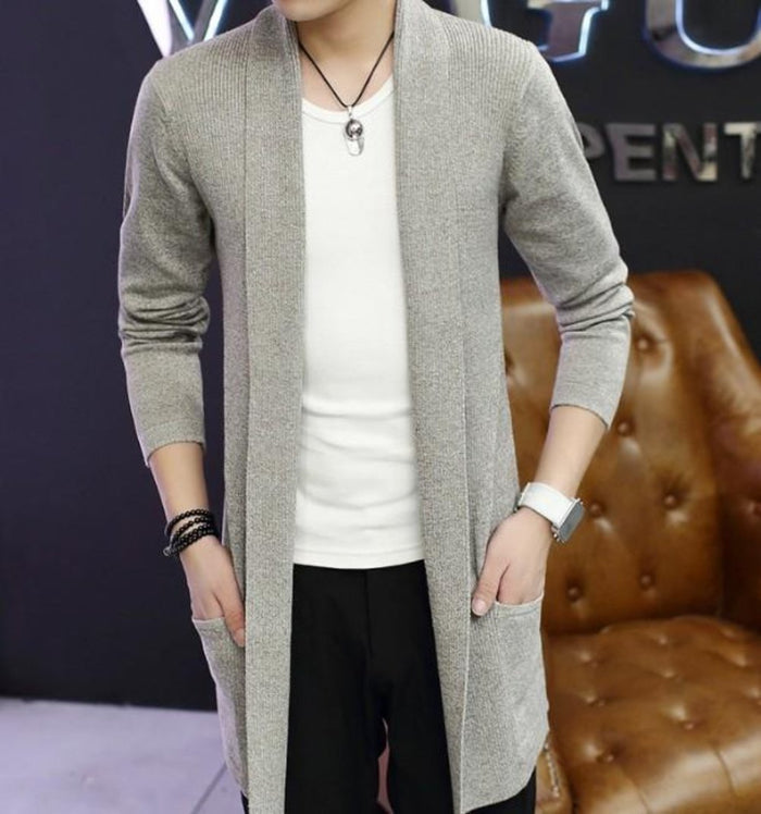 Black Shawl Collar Cardigan for Men with Mid Length: black open-front cardigan, minimal style
