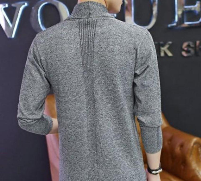 Black Shawl Collar Cardigan for Men with Mid Length: black open-front cardigan, minimal style