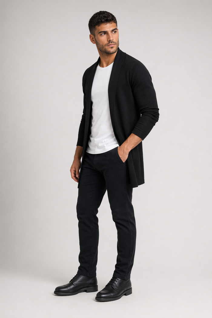Black Shawl Collar Cardigan for Men with Mid Length Default