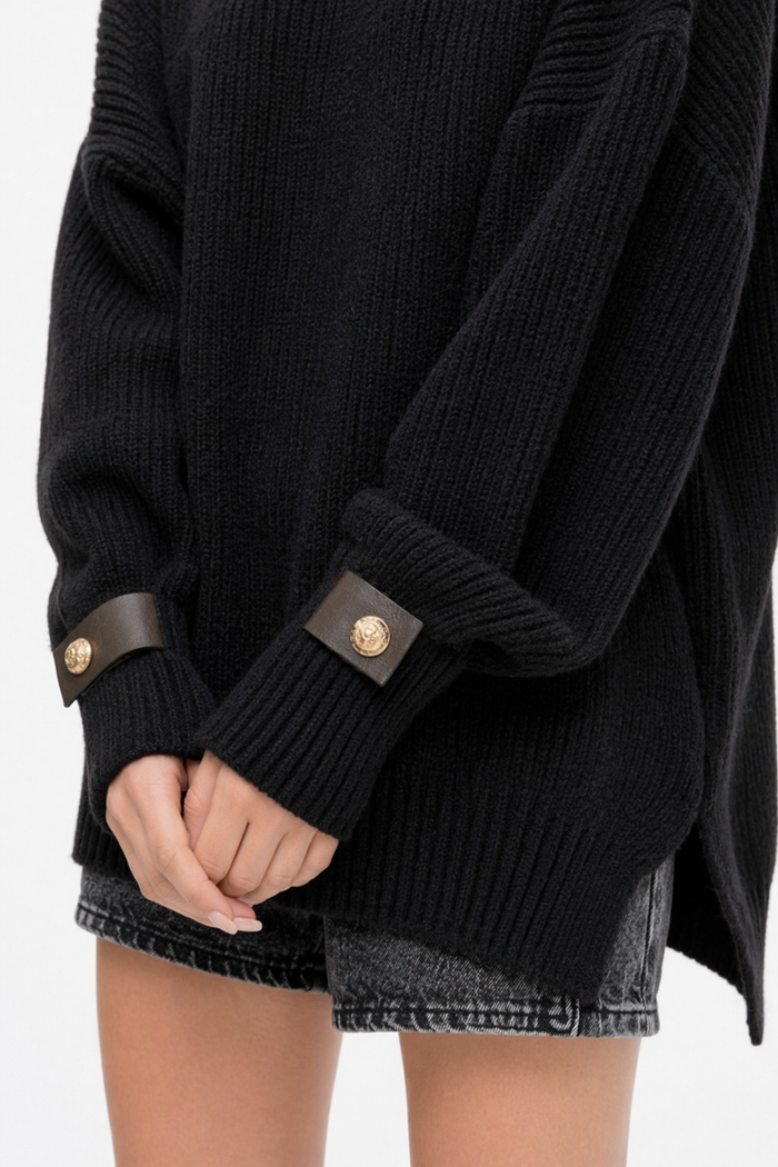 Black Turtleneck Sweater for Women with Unique Embellishments Default