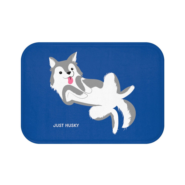 Blue Bath Mat for Your Adorable Husky Theme Bathroom: blue, white husky dog, cartoon style