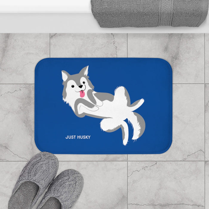 Blue Bath Mat for Your Adorable Husky Theme Bathroom: blue, white husky dog, cartoon style