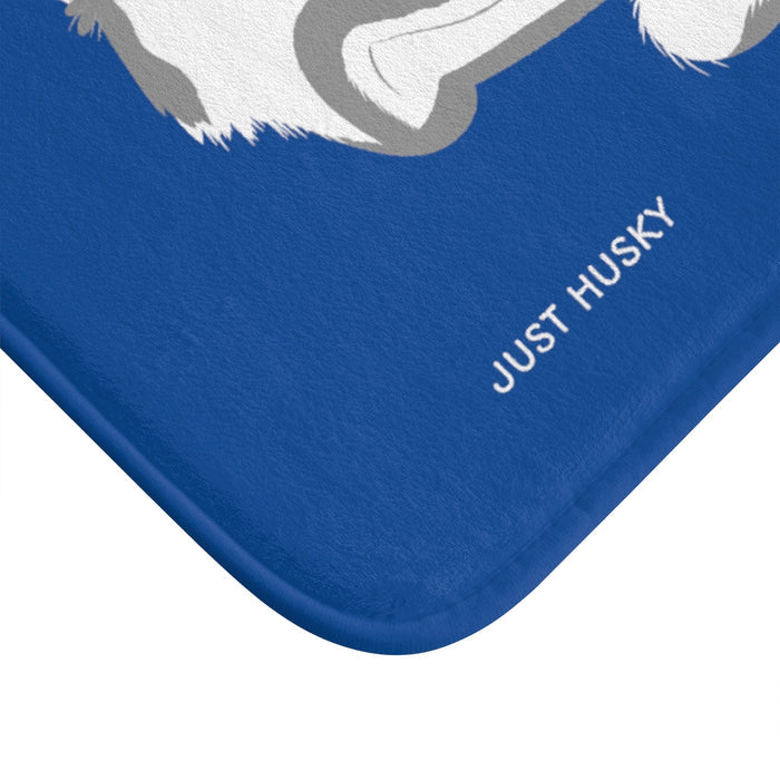 Blue Bath Mat for Your Adorable Husky Theme Bathroom: blue, white husky dog, cartoon style