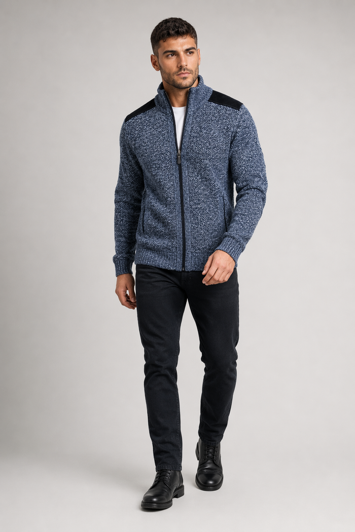 Blue Cardigan for Men with Zip Closure and Elbow Detailing Default