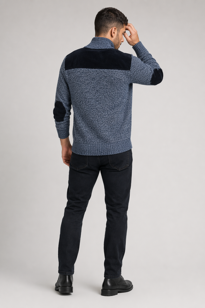 Blue Cardigan for Men with Zip Closure and Elbow Detailing Default