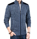 Blue Cardigan for Men with Zip Closure and Elbow Detailing: heathered blue, black zip-up jacket, casual style