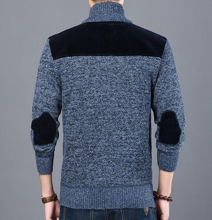 Blue Cardigan for Men with Zip Closure and Elbow Detailing: heathered blue, black zip-up jacket, casual style