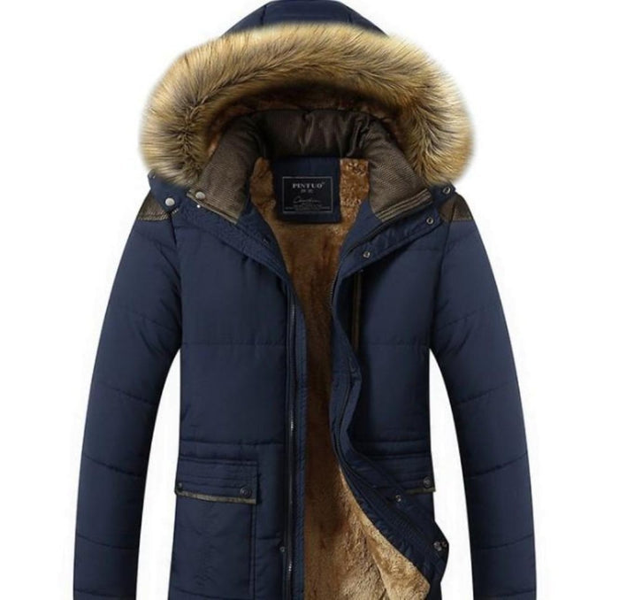 Blue Hooded Winter Coat for Men: dark navy blue, brown hooded puffer jacket, winter outerwear style