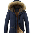 Blue Hooded Winter Coat for Men: dark navy blue, brown hooded puffer jacket, winter outerwear style