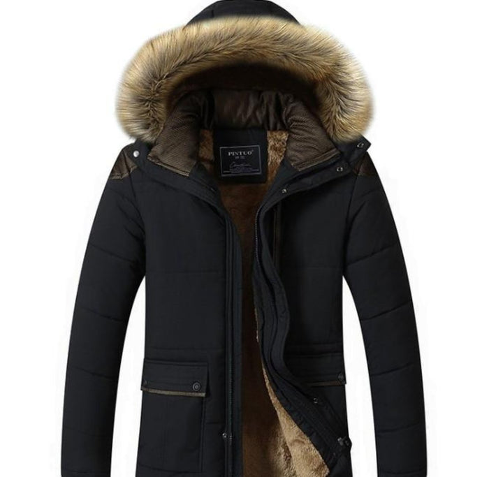 Blue Hooded Winter Coat for Men: dark navy blue, brown hooded puffer jacket, winter outerwear style