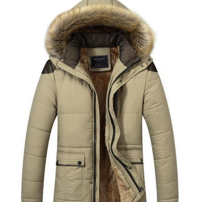 Blue Hooded Winter Coat for Men: dark navy blue, brown hooded puffer jacket, winter outerwear style